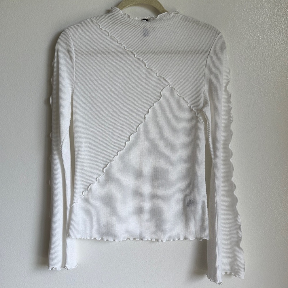 H&M Divided White Ribbed Ruffled Long Sleeve Top, Size Medium, Y2K